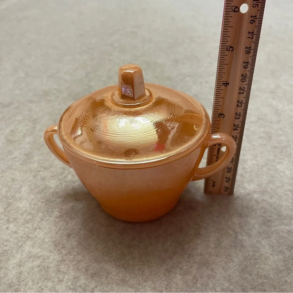 Vintage Termocrisa Peach Luster Iridescent Carnival Glass Sugar Bowl with Lid